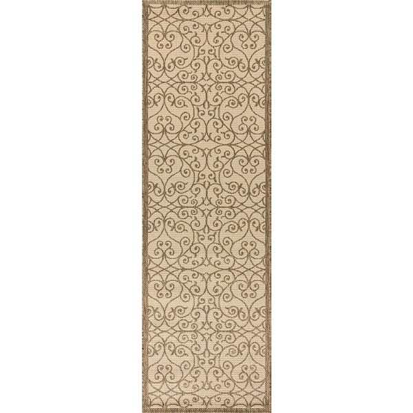 Madrid Vintage Filigree Textured Weave Beige/Brown 2 ft. x 10 ft. Indoor/Outdoor Runner Rug