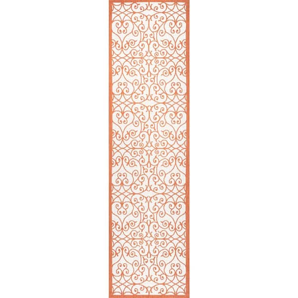 Madrid Vintage Filigree Textured Weave Cream/Orange 2 ft. x 8 ft. Indoor/Outdoor Runner Rug