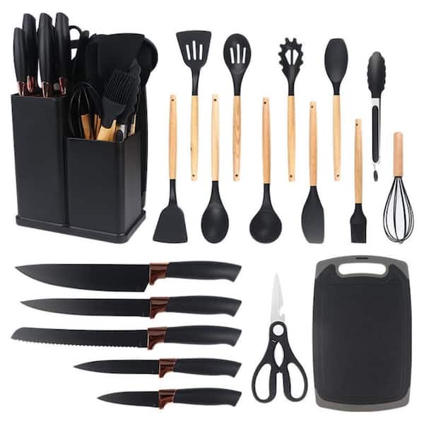 19-Piece Silicone Kitchen Utensil Set with Stainless Steel Knives, Wooden Handles, Heat-Resistant Tools