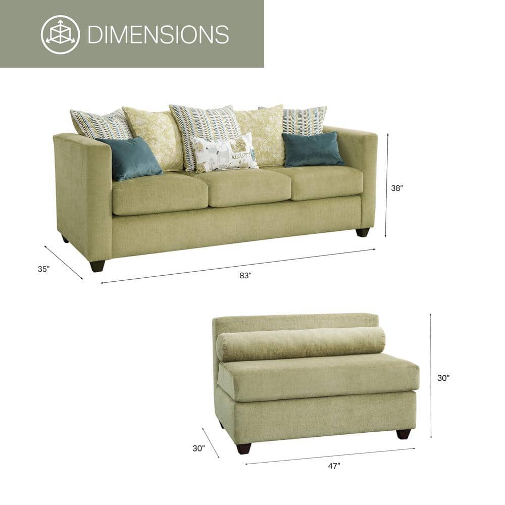 Fern Green Chenille Fabric 2-Piece Sectional Sofa with Throw Pillows