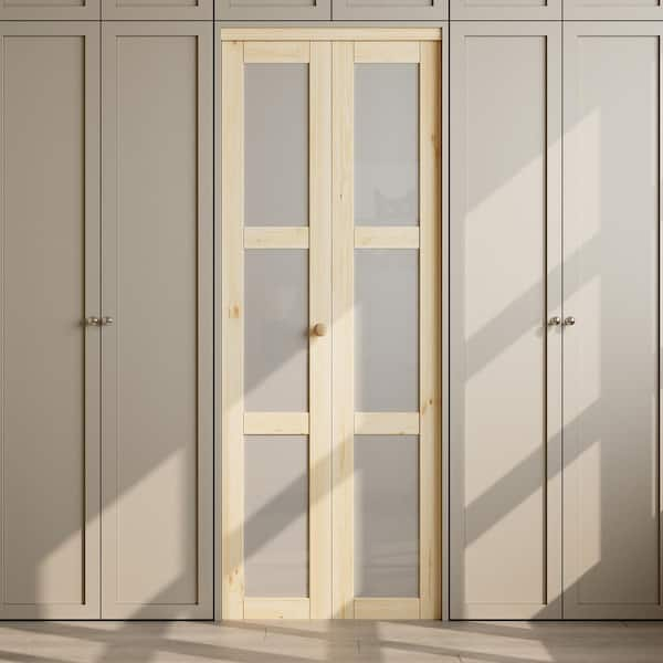 30 in. x 80 in. 3-Lite Frosted Glass Solid Core Unfinished Pine Glass Interior Closet Bi-fold Door with Hardware