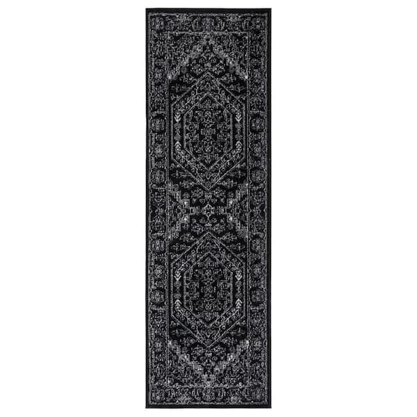 Adirondack Black/Ivory 3 ft. x 12 ft. Border Medallion Runner Rug