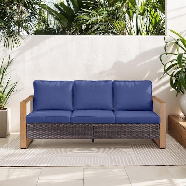 Opohoro MetalWood Metal and Brown Wicker Outdoor 3-Seat Sectional Couch Sofa with Olefin Navy Blue Cushions