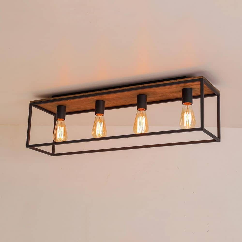 Velar 31.5 in. 4-Light Modern Farmhouse Matte Black and Wood Flush Mount Ceiling Light for Living Room Kitchen Island price history on PriceWatchPro