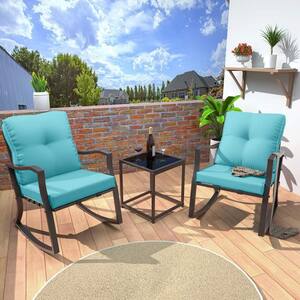 3 Piece Metal Outdoor Bistro Sets,Patio Bistro Sets,Outdoor Rocking Chairs with Coffee Table & 2 Blue Thickened Cushions