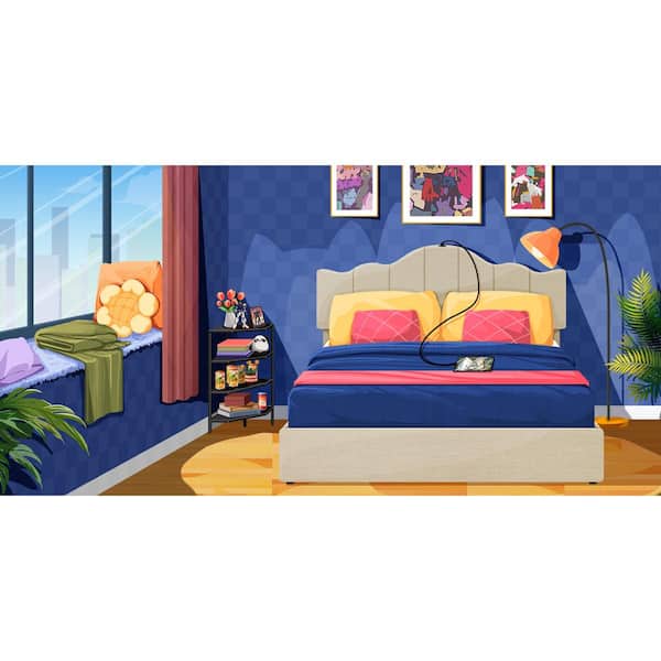 Upholstered Bed Beige Metal Frame Full Platform Bed with Type-C and USB Charging Stations, Adjustable Headboard