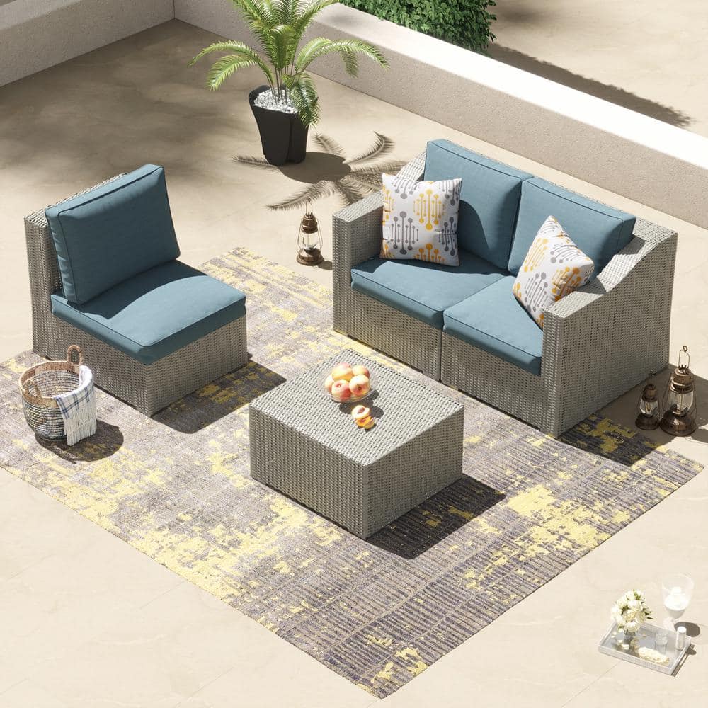 Corvus 3-Person Grey Wicker Sofa Set with Blue Cushions