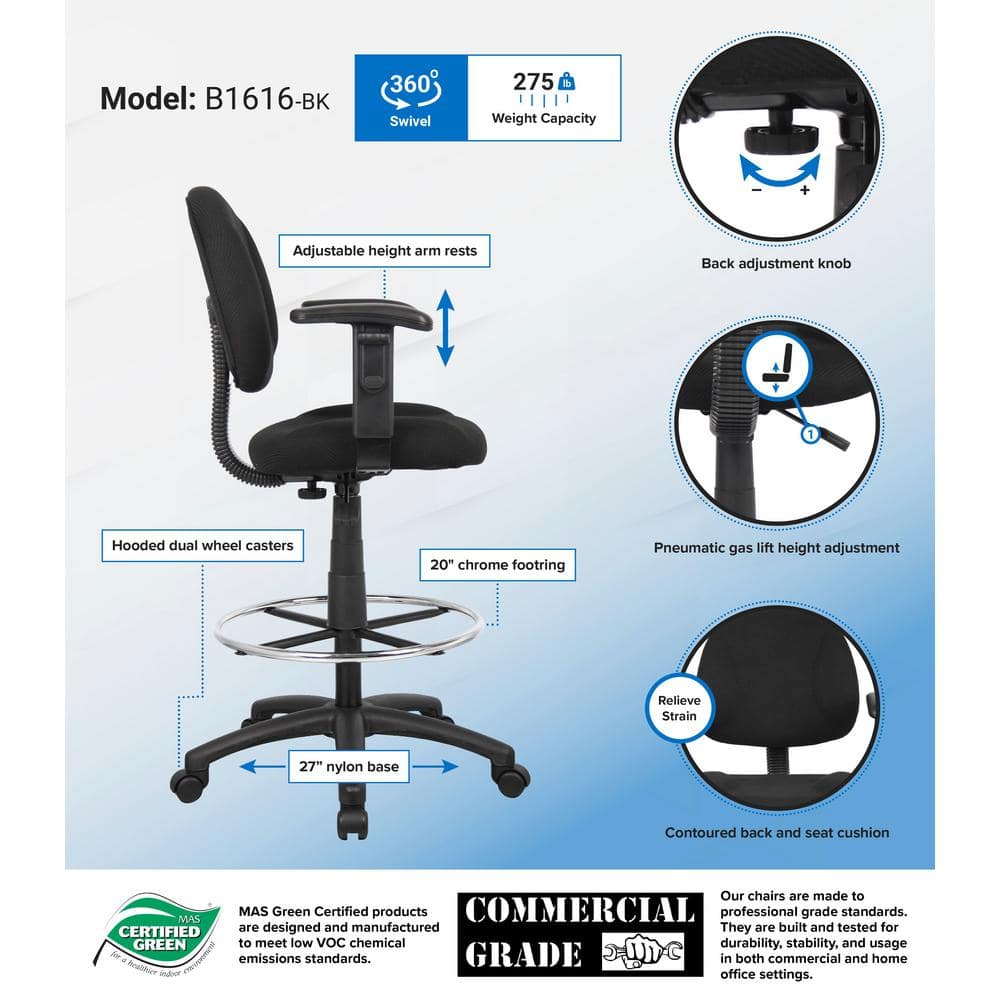 ErgoComfort Black Tweed Drafting Stool with Adjustable Arms and Chrome Footring