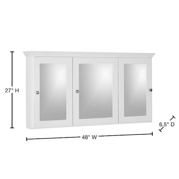 Shaker 48 in. W x 27 in. H x 6-1/2 in. D Framed Tri-View Surface-Mount Bathroom Medicine Cabinet in Satin White Shaker 48 in. W x 27 in. H x 6-1/2 in. D Framed Tri-View Surface-Mount Bathroom Medicine Cabinet in Satin White