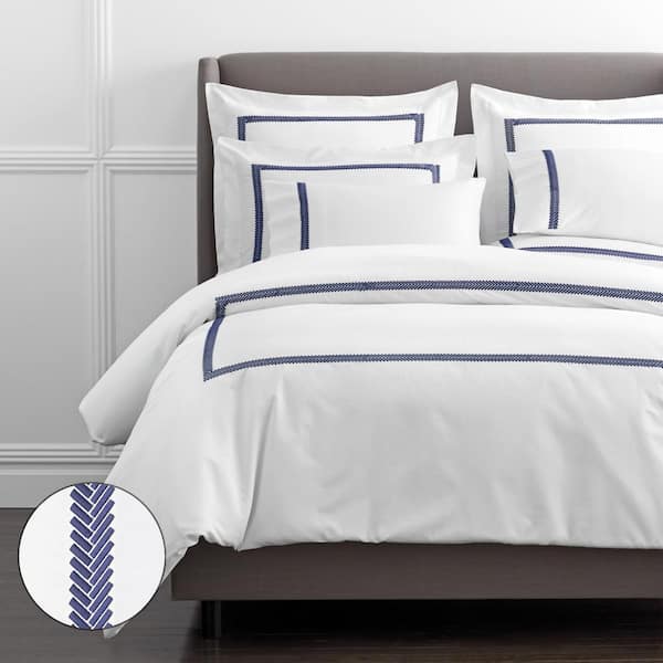 The Company Store Legends Hewett Blue Embroidered 600-Thread Count Egyptian Cotton Sateen Oversized King Duvet Cover