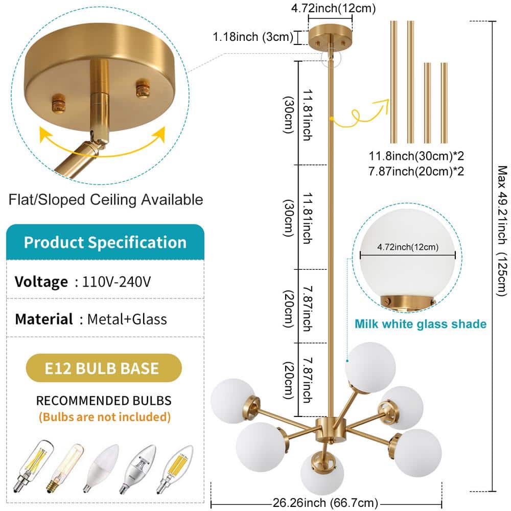 Adjustable Brass Sputnik Chandelier with Milk Glass Shades