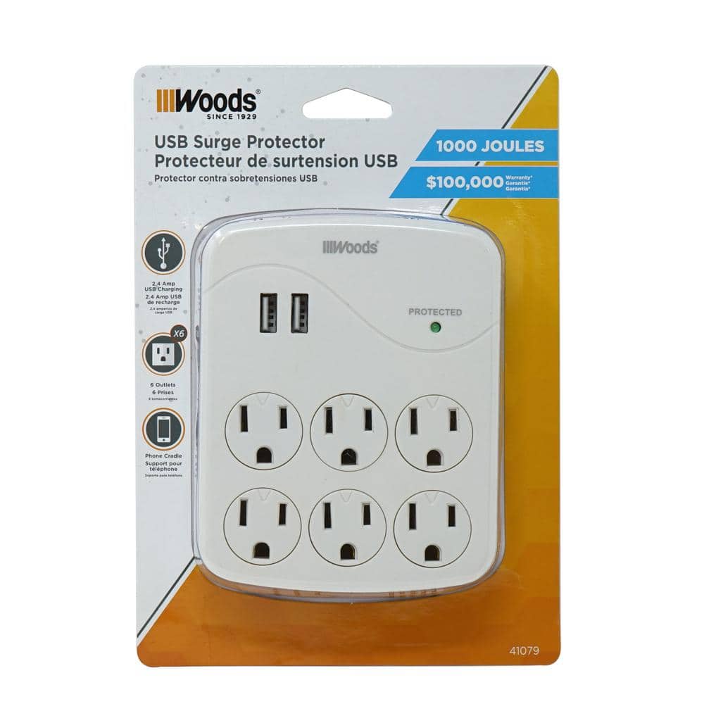White 6-Outlet Surge Protector with 2 USB Ports