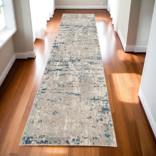 2 X 10 Blue Abstract Washable Area Rug Runner Rug