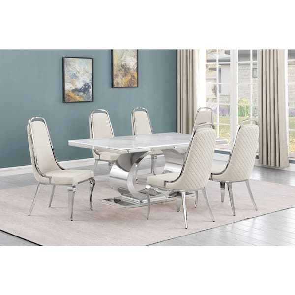 Best Quality Furniture Ibraim 7-Piece Rectangle White Marble Top With Stainless Steel Base Dining Set With 6-Cream Velvet Chrome Iron Chair