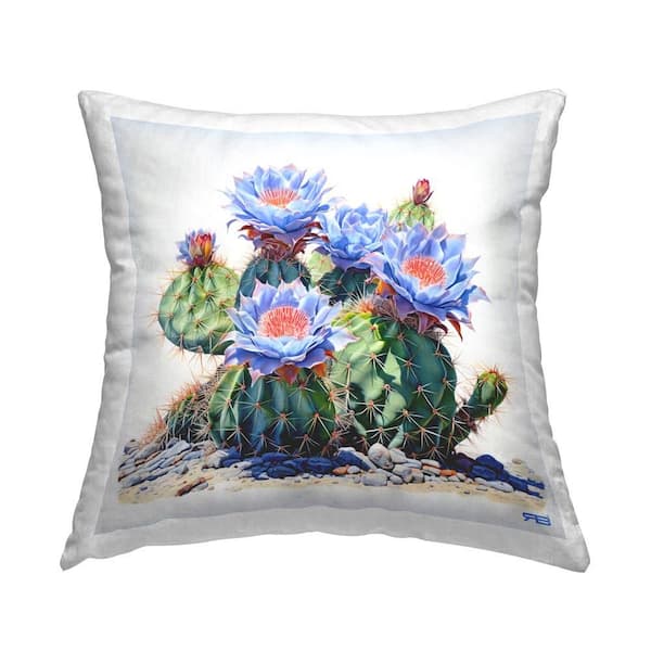 Stupell Industries Cactus with Blue Blooms Blue Print Polyester 18 in. x 18 in. Throw Pillow