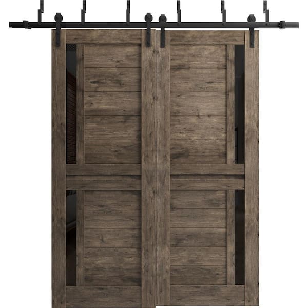 72 in. x 80 in. 2 Panel Frosted Glass Cognac Oak Solid Wood Sliding Barn Door with Hardware Kit