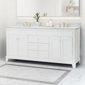 73 in. W x 22 in. D x 40 in. H Double Sink Freestanding Bath Vanity in White with White Marble Top and Backsplash