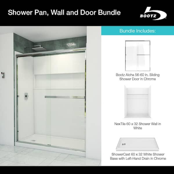 Aloha ShowerCast 60 in. x 32 in. Left Shower Pan, NexTile 60 in. x 32 in. Shower Wall and Chrome Shower Door Kit