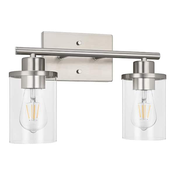 EDISHINE 9.75 in. Tall, 13.9 in. W 2-Light Brushed Nickel Vanity Light with Clear Glass Shade