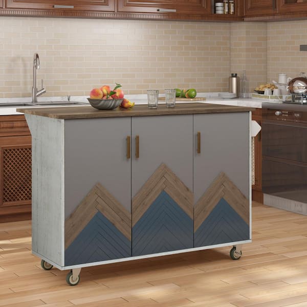 FAMYYT Peak Rolling White Drop-leaf Wood Countertop 52 in. Kitchen Island with Adjustable Shelve