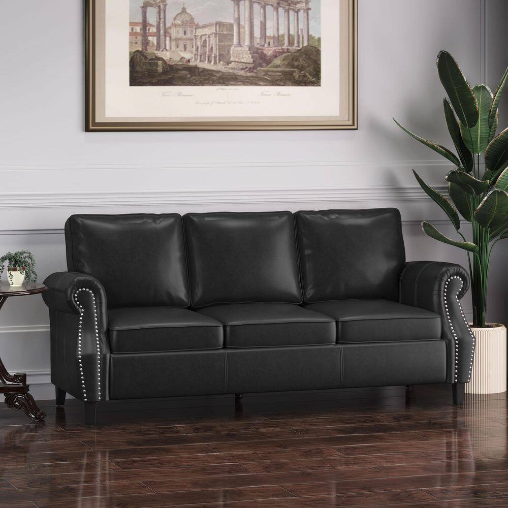 Midnight Black and Dark Brown Faux Leather Lawson Sofa with Nailhead Trim