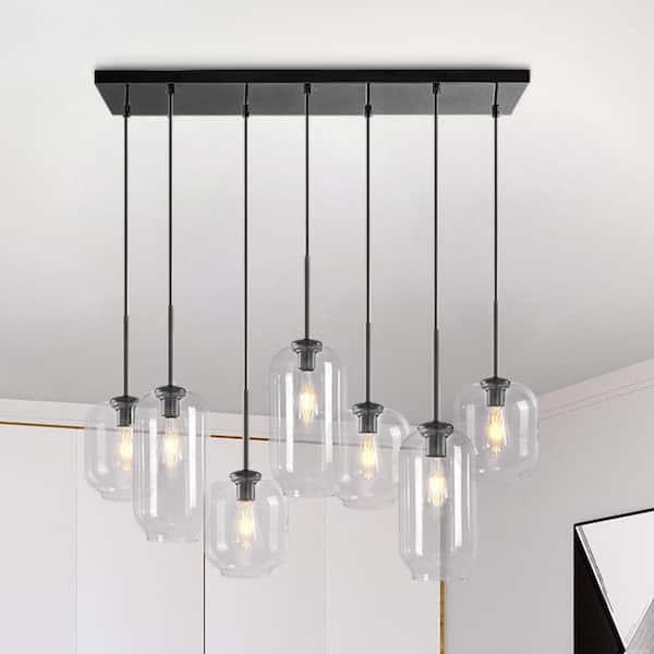 Y'INSP 40-Watt 7-Lights Matte Black Modern Minimalist Linear Pendant Light with Clear Glass Shade and No Bulbs Included