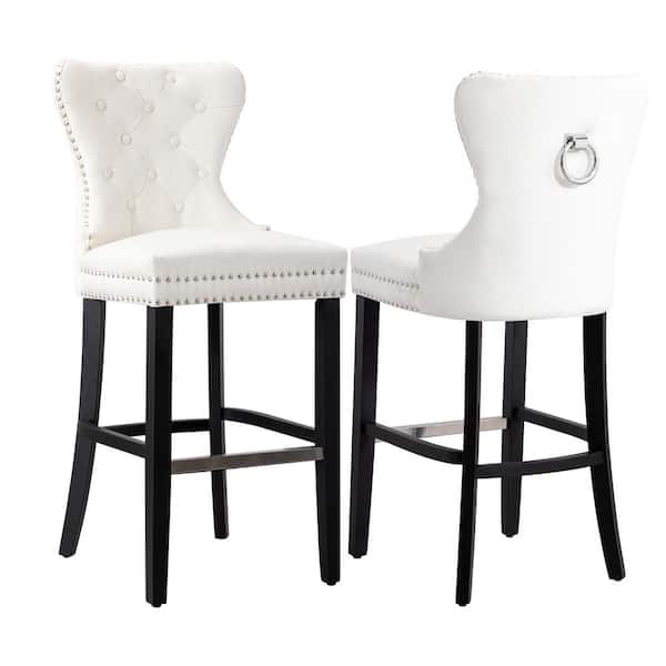 WESTINFURNITURE Harper 29 in. Cream Velvet Tufted Wingback Kitchen Counter Bar Stool with Black Solid Wood Frame (Set of 2)