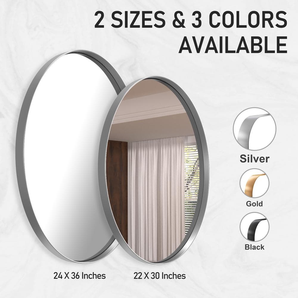 Modern Polished Silver Oval Vanity Mirror with Stainless Steel Frame