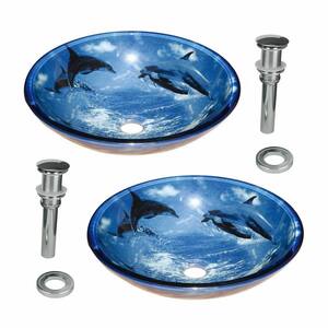 Tempered Glass Vessel Sinks with Drain, Dolphin Design Blue Bowl Sinks Set of 2