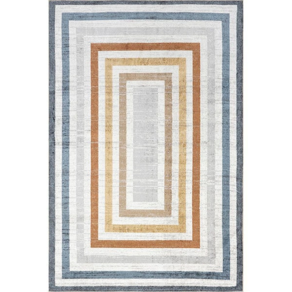 Lilac Striped Bordered Washable Multicolor 7 ft. x 9 ft. Indoor Area Rug