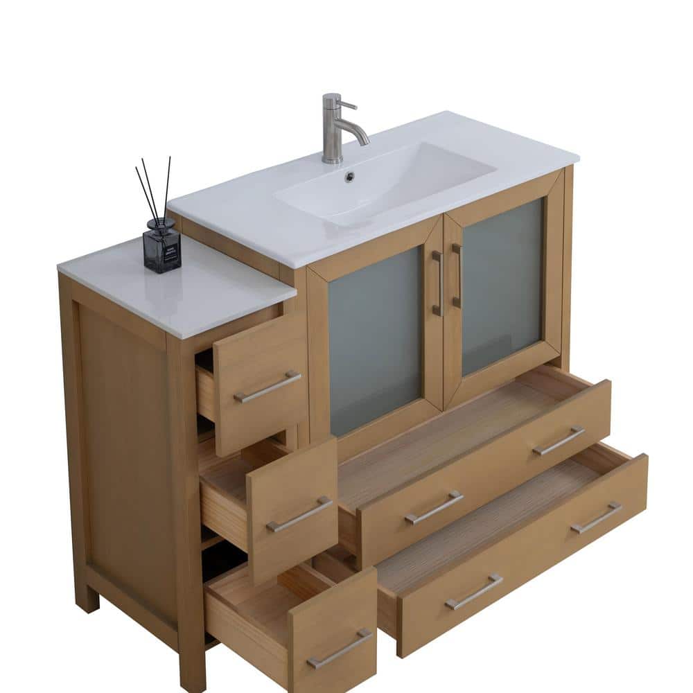 Natural Oak 48" Bathroom Vanity with White Ceramic Top and Mirror