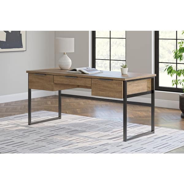 Montia 66.88 in. Rectangular Light Brown Engineered Wood 3-Drawer Desk with Cable Management