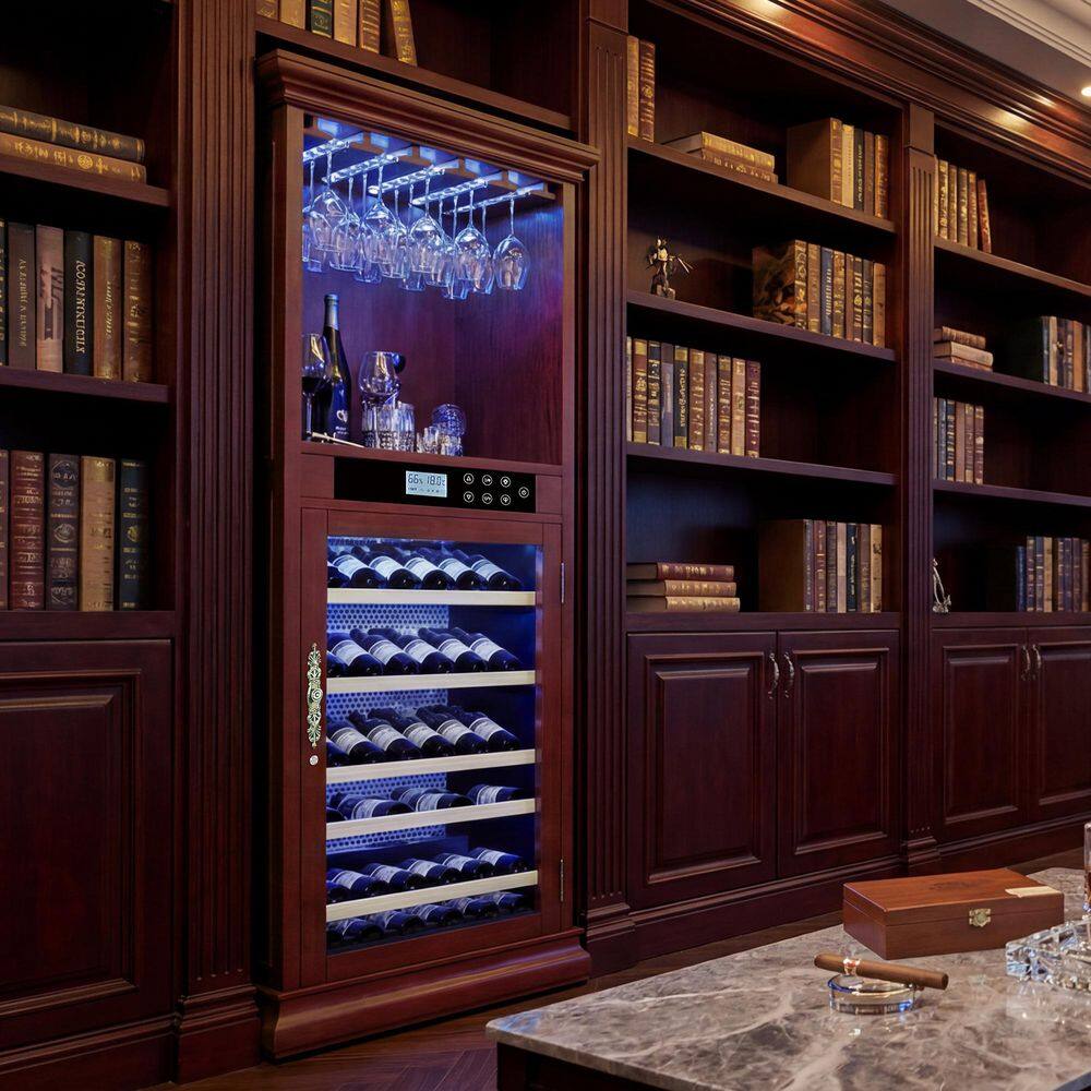 74" Cherry Red Wood Wine Cooler Cabinet with Glass Rack, Freestanding Bar Cabinet with Digital Display and Lock