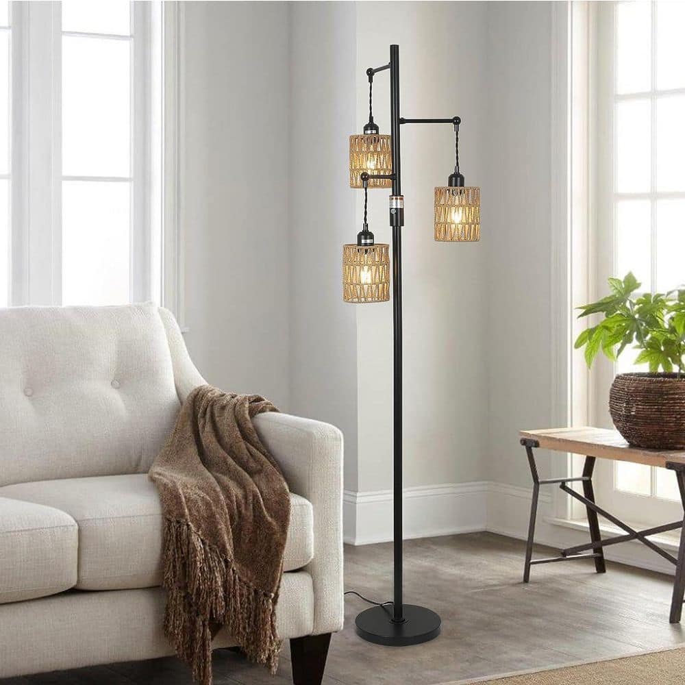 65 in. Black Modern 3-Light LED Energy Efficient Arc Standard Floor Lamp Rattan Shade with stepless Dimmable price history on PriceWatchPro