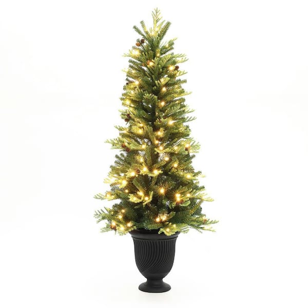 4.5 ft. PreLit Pine Artificial Christmas Tree with Pinecones and Black Urn Planter Pot