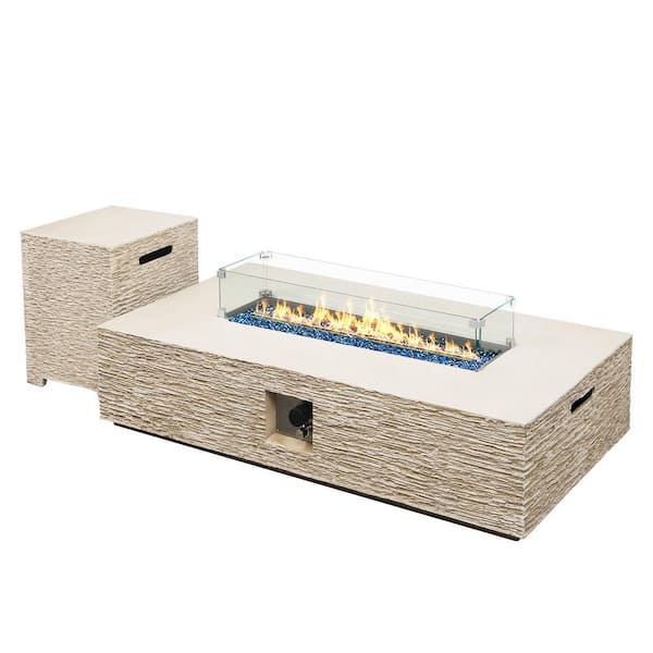 56 in. 50000BTU Outdoor Beige Rectangle Magnesium Oxide Fire Pit Table with Glass Cover and Propane Tank Cover