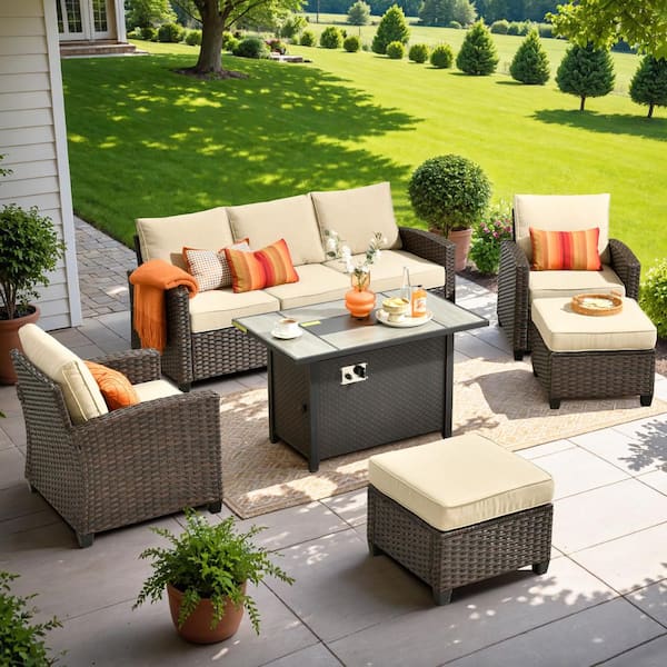 OVIOS Pirani Brown 6-Piece Wicker Patio Rectangle Fire Pit Conversation Set with Beige Cushions