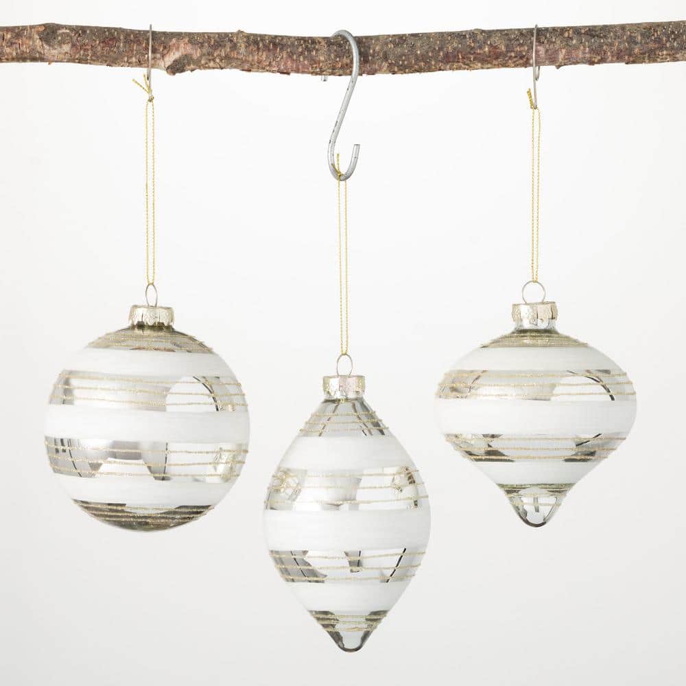 SULLIVANS 4 in. 4.75 in. and 5.25 in. White Striped Drop Ornaments ...