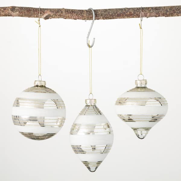 SULLIVANS 4 in. 4.75 in. and 5.25 in. White Striped Drop Ornaments - Set of 3, White Christmas Ornaments