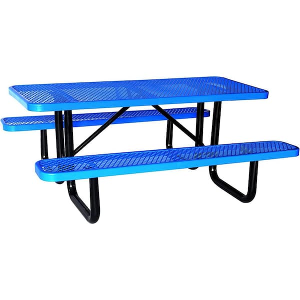 Oyezvary 72 in. Expanded Blue Rectangular Steel Industrial-Strength Picnic Table Seats 6-People with Umbrella Hole