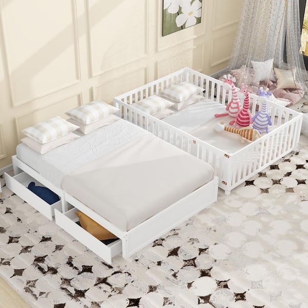 Harper & Bright Designs Detachable White Full Size Wood Daybed with Fence Guardrails, 2-Drawer, Split into Independent Floor Bed and Daybed