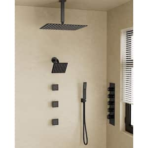 Thermostatic Valve 15-Spray 16 in. x 6 in. Ceiling Mount Dual Shower Head and Handheld Shower in Matte Black