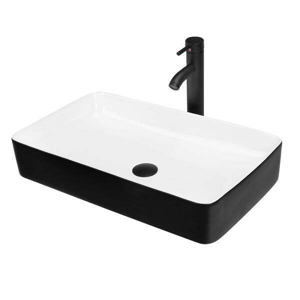 TOOLKISS 23.6 in. Ceramic Rectangular Vessel Sink with Faucet in Black ...