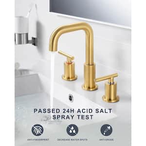 8 in. Widespread Double Handle High Arc Bathroom Faucet with Drain Kit in Gold
