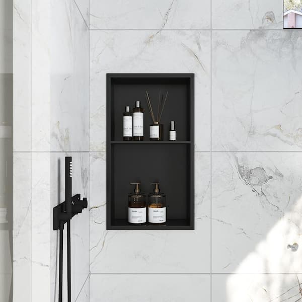 Shampoo Soap Niche 14 in. W x 25 in. H x 4 in. D Stainless Steel Shower Niche Double Shelf in Matte Black