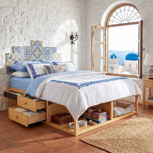 Natural(Yellow) Wood Frame King Platform Bed with Storage Drawers, Multifunctional Storage Bed with Pet Space, LED