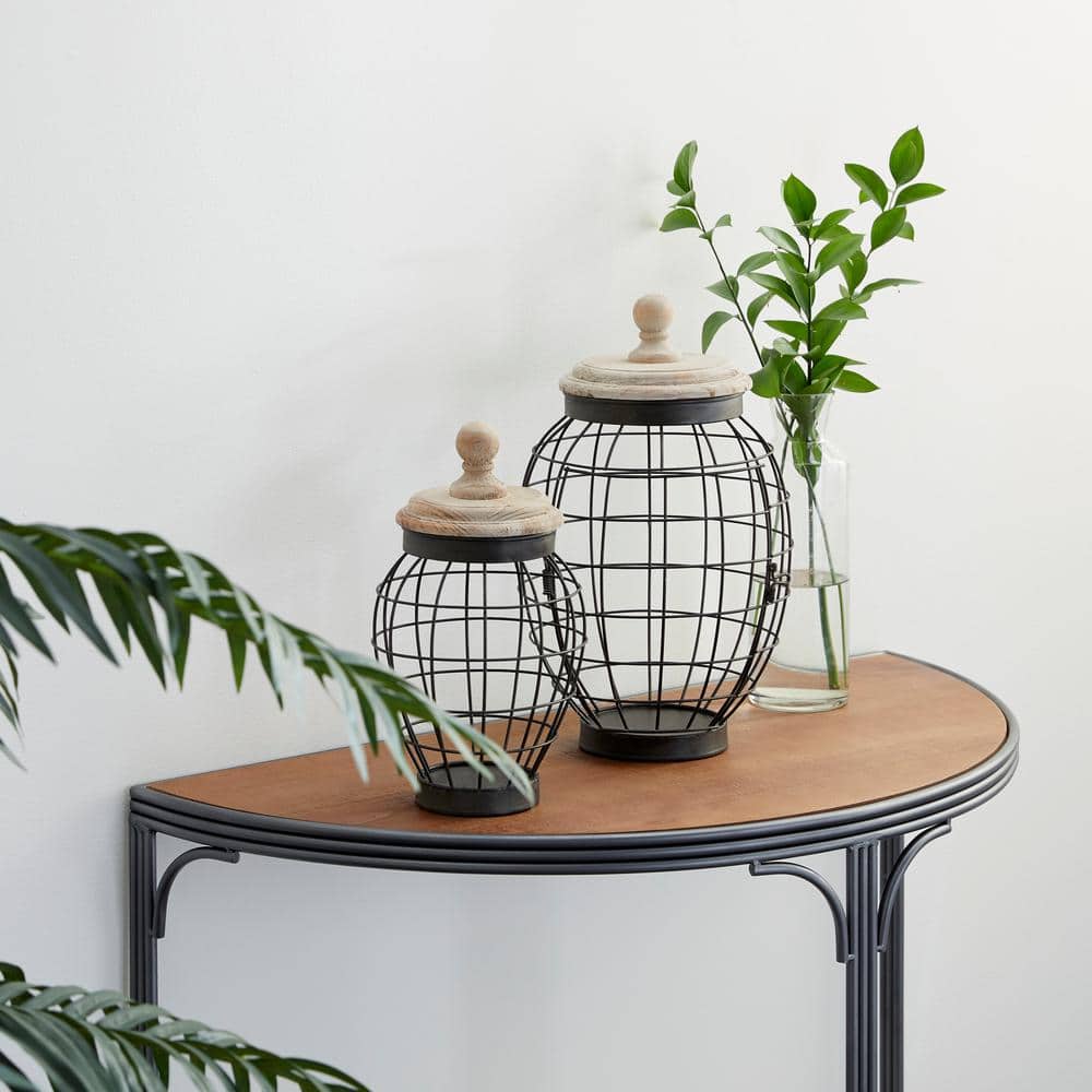 Black Metal Wire Decorative Jars with Wooden Lids, Set of 2