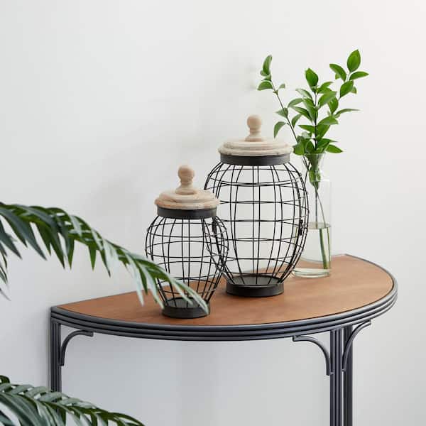 Black Metal Caged Style Decorative Jars with Wood Lids (Set of 2)