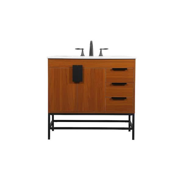 Unbranded Simply Living 36 in. W x 22 in. D x 33.5 in. H Bath Vanity in Teak with Ivory White Engineered Marble Top
