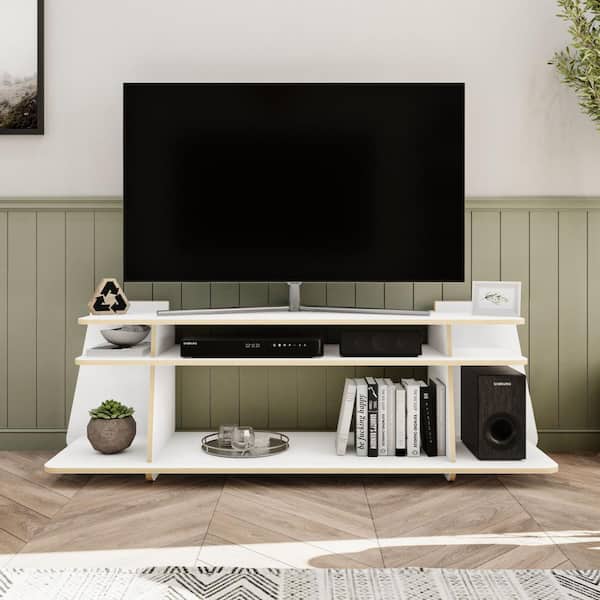 Polifurniture EcoFriendly Tahoe White and Light Walnut TV Stand Fits TV's up to 55 in. with Open Shelves